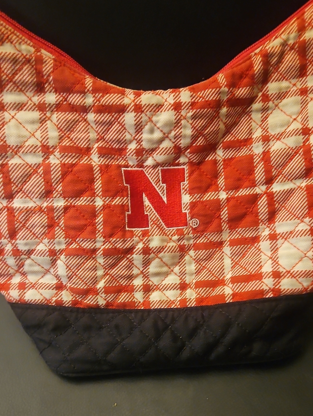 Quilted Plaid Nebraska Tote Bag with 'N' Logo in Red and Black
